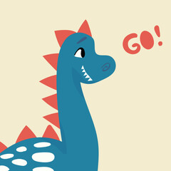 Cute dinosaur. hand drawn Jurassic animal with text go, childish t-shirt print or poster. Funny happy T-rex, fantasy creature for kids nursery decor, vector cartoon flat illustration