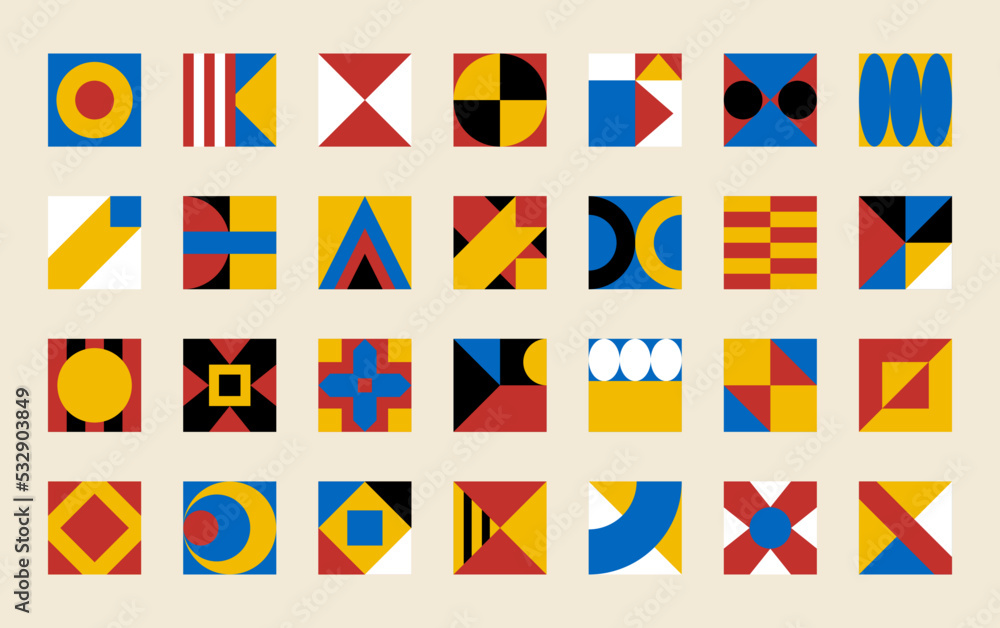 Poster Abstract design forms. Geometric figures. Bauhaus funky art. Geometry tile module shapes. Basic collage compositions. Brutalism collection. Colorful elements. Vector illustration pattern