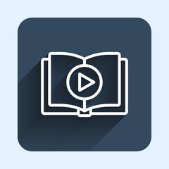 White line Audio book icon isolated with long shadow background. Play button and book. Audio guide sign. Online learning concept. Blue square button. Vector