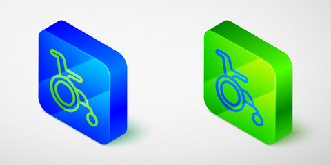 Isometric line Wheelchair for disabled person icon isolated grey background. Blue and green square button. Vector