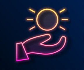 Glowing neon line Ball levitating above hand icon isolated on black background. Levitation symbol. Vector