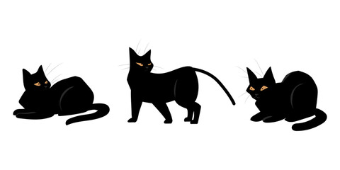 Black cats. Domestic animals poses and actions. Feline breed. Pets positions. Dark fluffy kitten lying or hunting. Walking and standing pussycat with yellow eyes. Vector kitties set