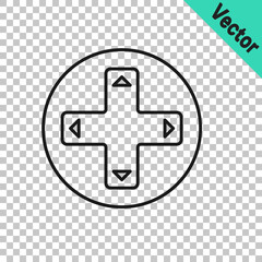 Black line Game controller or joystick for game console icon isolated on transparent background. Vector
