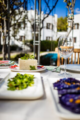 Luxury vegetarian Mediterranean style dining experience on a white table cloth