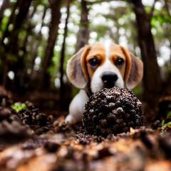 Picked black truffles with beagle dog in the background. - obrazy, fototapety, plakaty