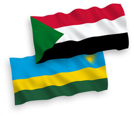 National vector fabric wave flags of Republic of Rwanda and Sudan isolated on white background. 1 to 2 proportion.