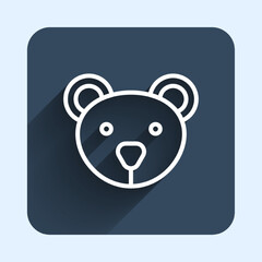 White line Teddy bear plush toy icon isolated with long shadow background. Blue square button. Vector