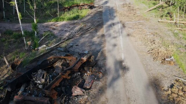 War in Ukraine, Remains of Destroyed and burned by Ukrainian army,  russian battle tank of the Russian invaders after counteroffensive