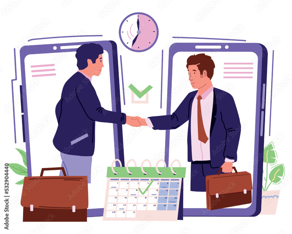 Poster business appointment. smartphone schedule application. workers handshaking. successful negotiation. 