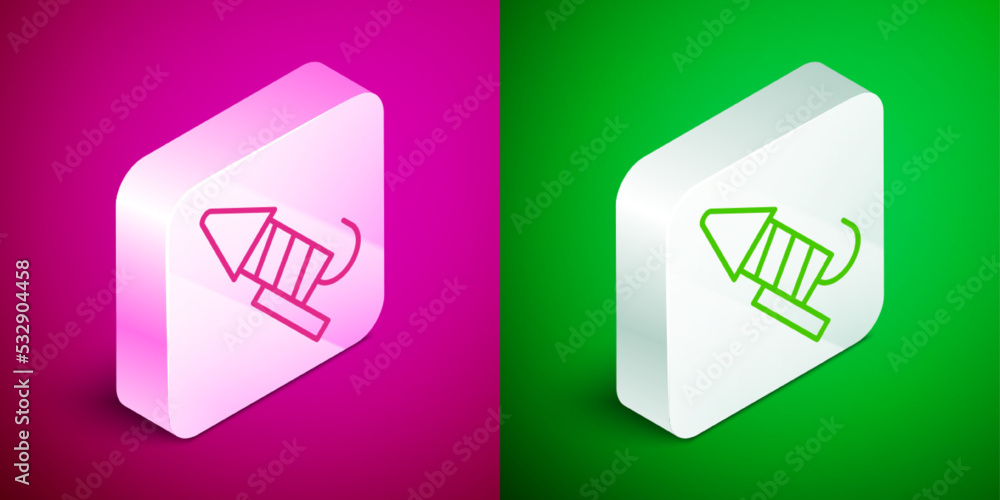 Poster isometric line firework rocket icon isolated on pink and green background. concept of fun party. exp