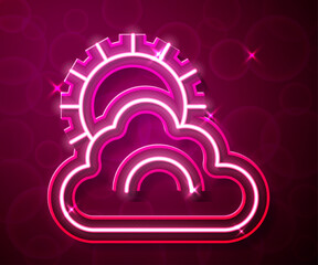 Glowing neon line Sun and cloud weather icon isolated on red background. Vector