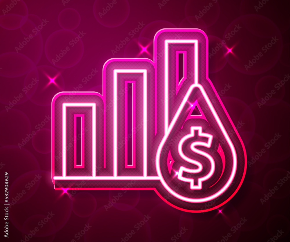 Poster glowing neon line pie chart infographic and dollar symbol icon isolated on red background. diagram c