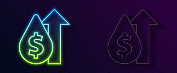 Glowing neon line Oil price increase icon isolated on black background. Oil industry crisis concept. Vector