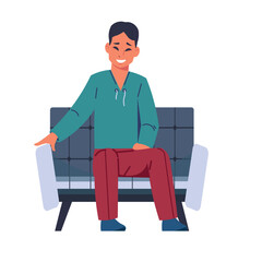 Man sitting on armchair. Person on soft seat. Male character waiting in hall. Worker relaxing in office. Interior furniture. Smiling or laughing guy in comfortable sofa. Vector illustration