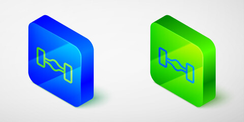 Isometric line Chassis car icon isolated on grey background. Blue and green square button. Vector