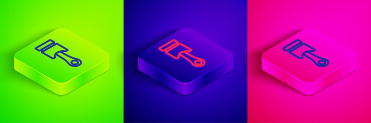 Isometric line Engine piston icon isolated on green, blue and pink background. Car engine piston sign. Square button. Vector