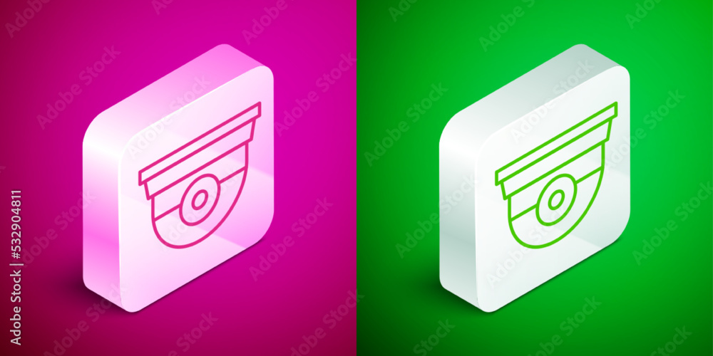 Poster isometric line security camera icon isolated on pink and green background. silver square button. vec