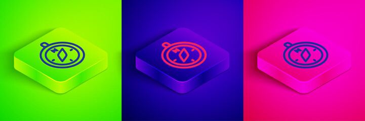 Obraz premium Isometric line Compass icon isolated on green, blue and pink background. Windrose navigation symbol. Wind rose sign. Square button. Vector