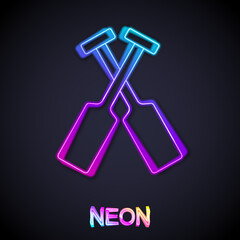 Glowing neon line Crossed oars or paddles boat icon isolated on black background. Vector