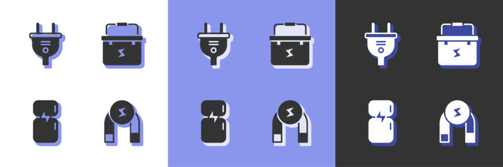 Set Magnet, Electric plug, Refrigerator and Toolbox electrician icon. Vector