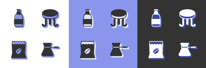 Set Coffee turk, Milk bottle, Bag coffee beans and table icon. Vector