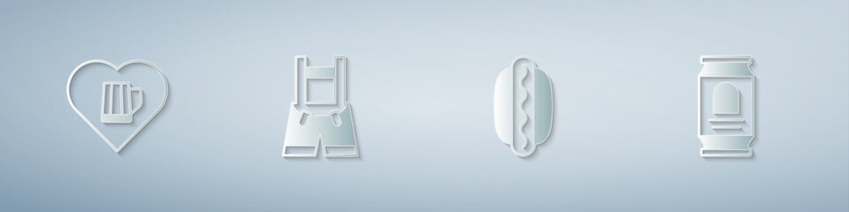 Set Heart with glass of beer, Lederhosen, Hotdog sandwich and Beer can. Paper art style. Vector