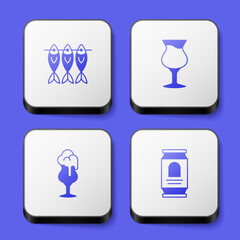 Set Dried fish, Glass of beer, and Beer can icon. White square button. Vector