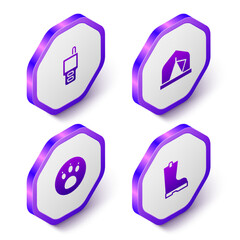 Set Isometric Walkie talkie, Tourist tent, Paw search and Waterproof rubber boot icon. Purple hexagon button. Vector