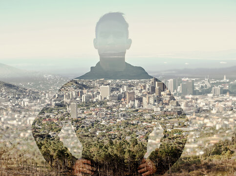 Overlay Of Man, Double Exposure Of City And Forest Standing Confident In Urban Town Or Nature. Portrait, Runner And Fitness Training Multiple Exposure Pose, Workout Or Exercise Wellness Motivation.