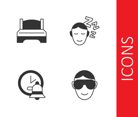 Set Eye sleep mask, Big bed, Alarm clock and Dreams icon. Vector