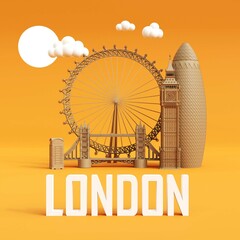 London (England) city skyline 3d render trendy illustration in yellow background - obrazy, fototapety, plakaty