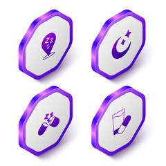 Set Isometric Sleepy, Moon and stars, Sleeping pill and icon. Purple hexagon button. Vector