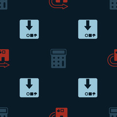 Set Return cardboard box, Calculator and Carton on seamless pattern. Vector