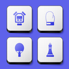 Set Stopwatch, Boxing glove, Racket and Chess icon. White square button. Vector