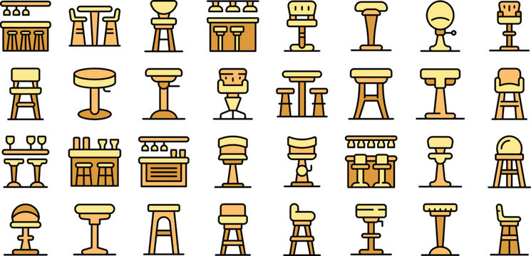 Bar stool icons set outline vector. Chair bench. Club furniture thin line color flat on white