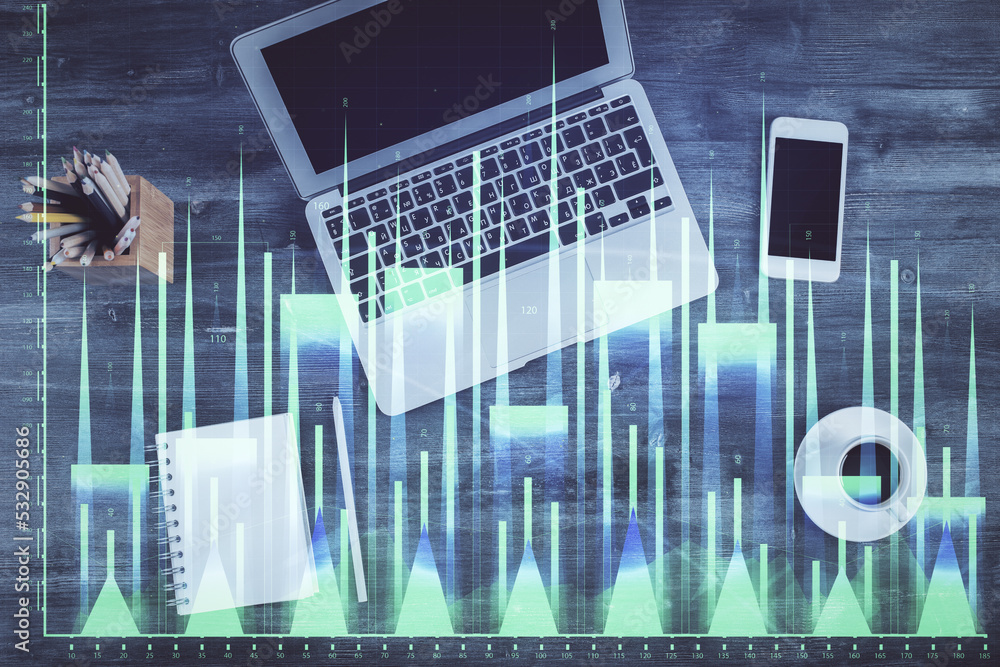 Poster Double exposure of forex chart drawing over table background with computer. Concept of financial research and analysis. Top view.