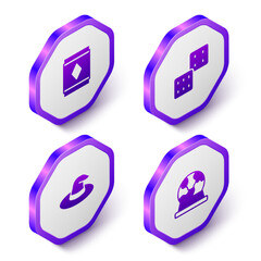 Set Isometric Magic carpet, Game dice, Witch hat and ball icon. Purple hexagon button. Vector