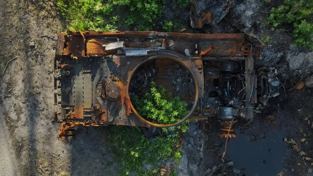 War in Ukraine, Remains of Destroyed and burned by Ukrainian army,  russian battle tank of the Russian invaders after counteroffensive