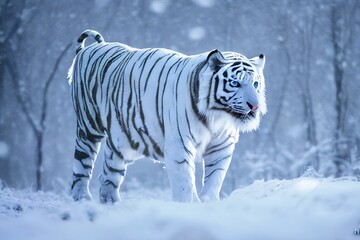 Naklejka premium 3D rendering close up of a big white tiger standing. Bleached tiger of India in a snowy forest and winter background.