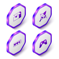 Set Isometric Chest for game, Sword, Game life bar and controller joystick icon. Purple hexagon button. Vector