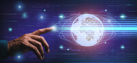 Businessman pointing at globe icon showing global cyberspace technology network connection, internet data business communication and development,big data analytics,financial innovation and investment