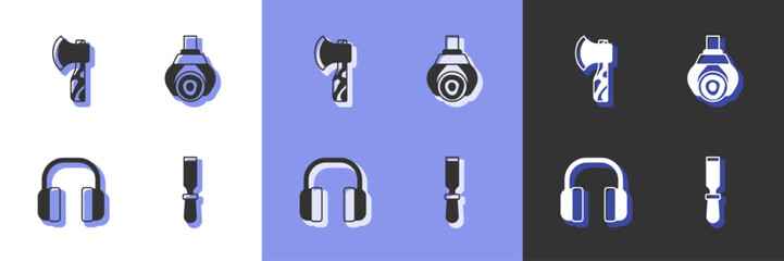 Set Chisel tool, Wooden axe, Headphones and Grapple crane grabbed log icon. Vector