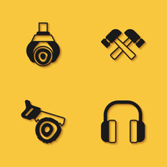 Set Grapple crane grabbed a log, Headphones, Hand saw and and Crossed hammer icon with long shadow. Vector