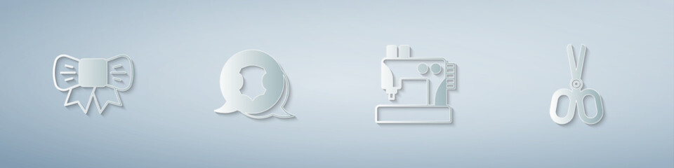 Set Gift bow, Leather, Sewing machine and Scissors. Paper art style. Vector