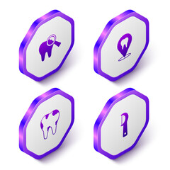 Set Isometric Broken tooth, Dental clinic location, and floss icon. Purple hexagon button. Vector