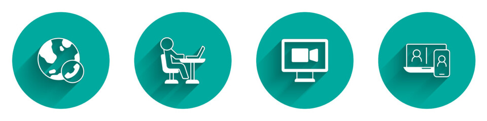 Fototapeta premium Set Video chat conference, Freelancer, and icon with long shadow. Vector