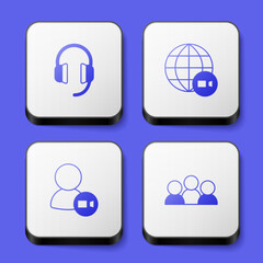 Set Headphones, Video chat conference, and Meeting icon. White square button. Vector