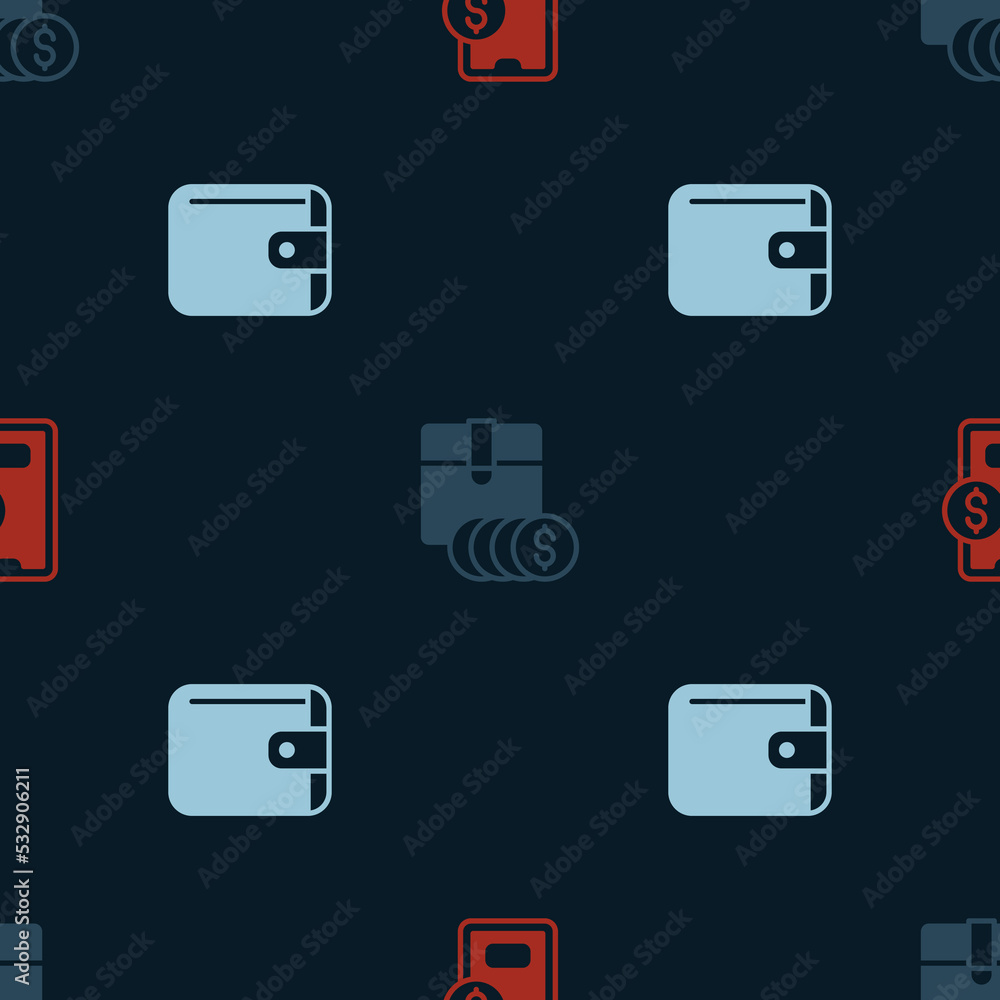 Poster set mobile with dollar, item price tag and wallet on seamless pattern. vector