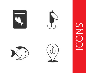 Set Fishing hook, Served fish on plate, and lure icon. Vector