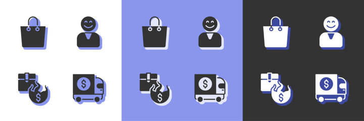 Set Armored truck, Paper shopping bag, Hot price and Happy customer icon. Vector